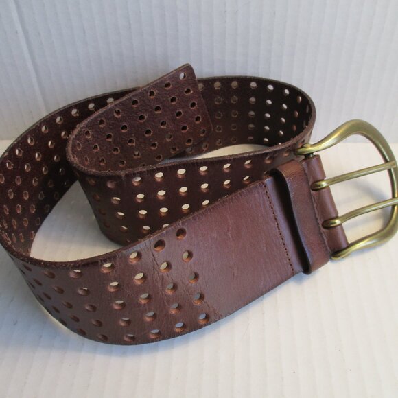 *Linea Pelle Brown Boho Chestnut Perforated Double Prong Buckle Belt - Picture 1 of 7